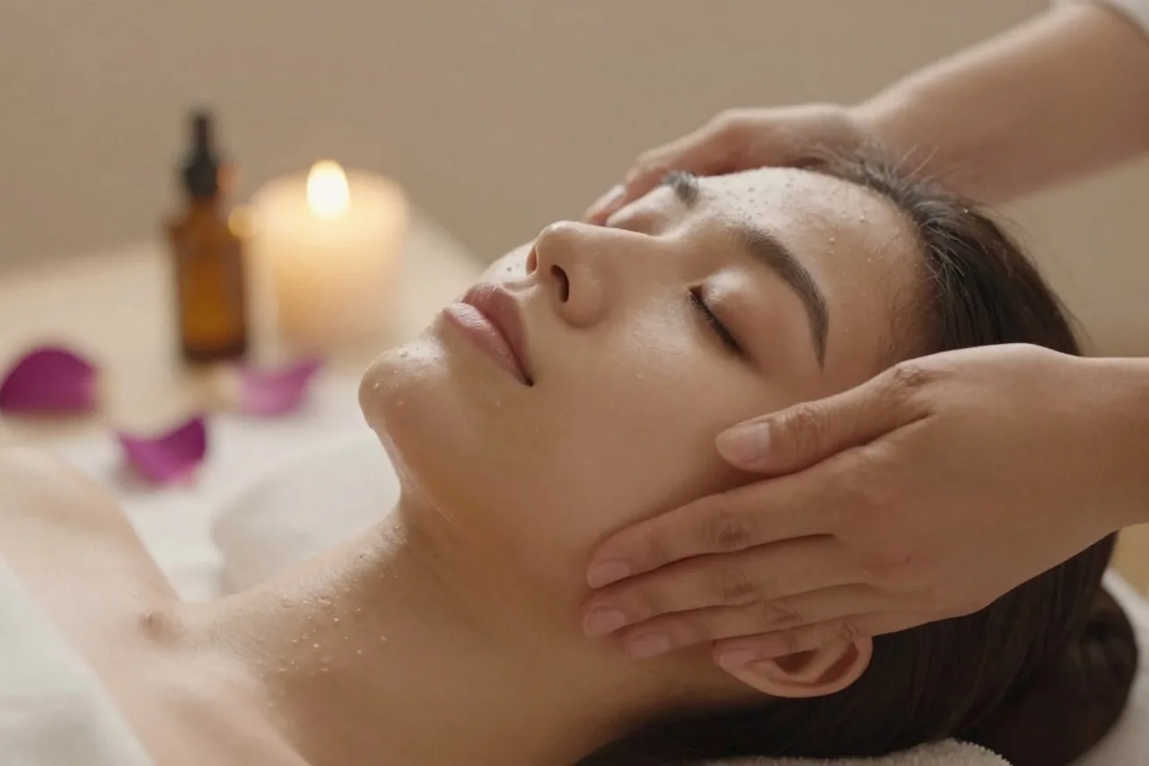 Soin du visage aux huiles essentielles avec pétales mauves
